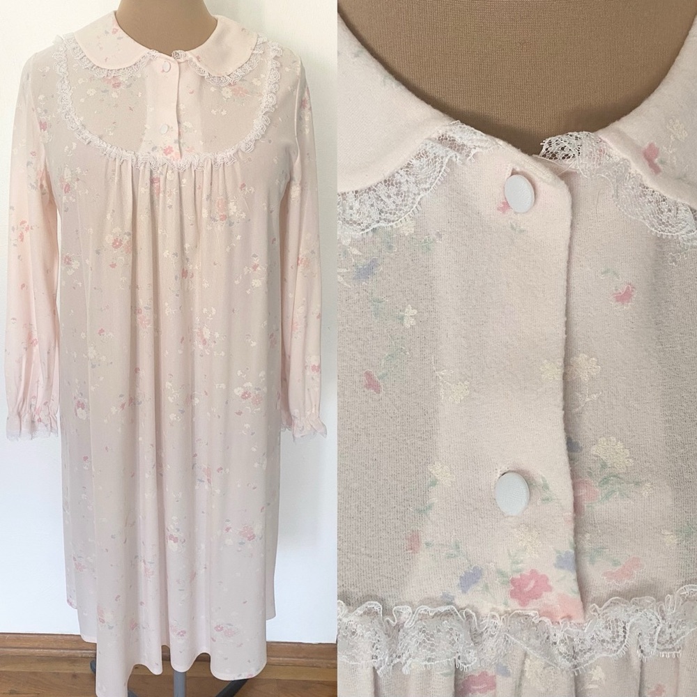 Vintage 60s SEARS Flannel Nightgown *Medium* Pink Floral Ruffled Lace Pajamas